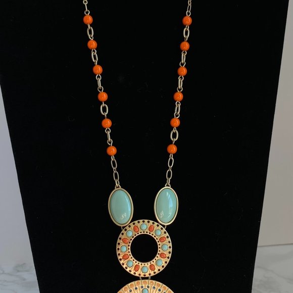 NECKLACE & EARRING SET Gold Toned Orange & Blue Stones 20" - Picture 4 of 7